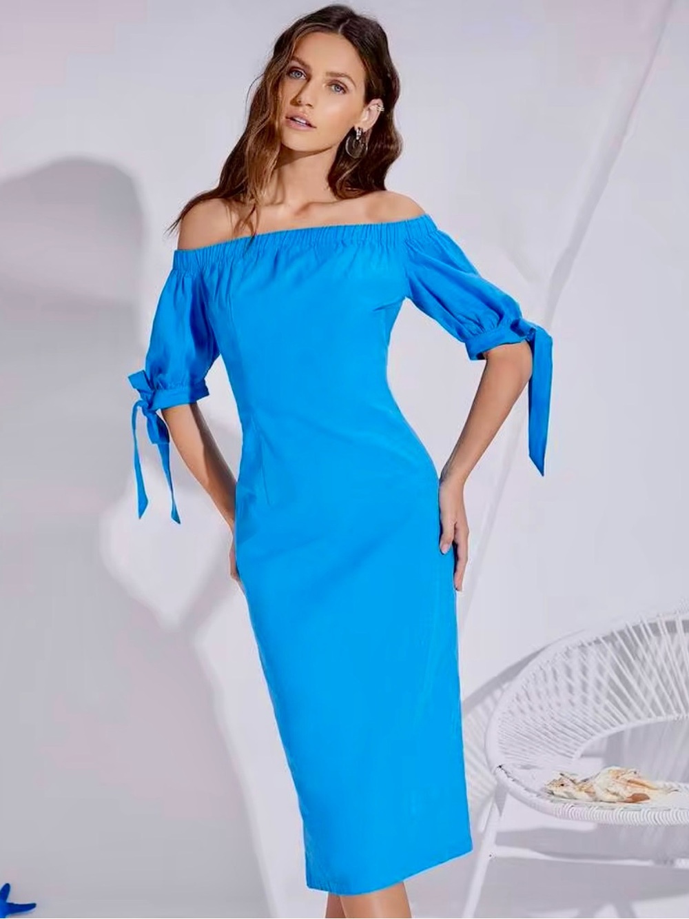 Off-Shoulder Midi Dress in Bright Blue